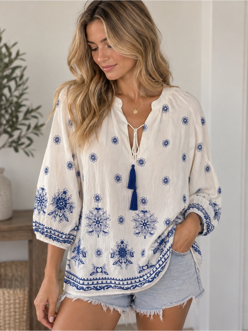NWOT Xetra Boho Tassel Peasant Tunic - White with Blue Embroidery